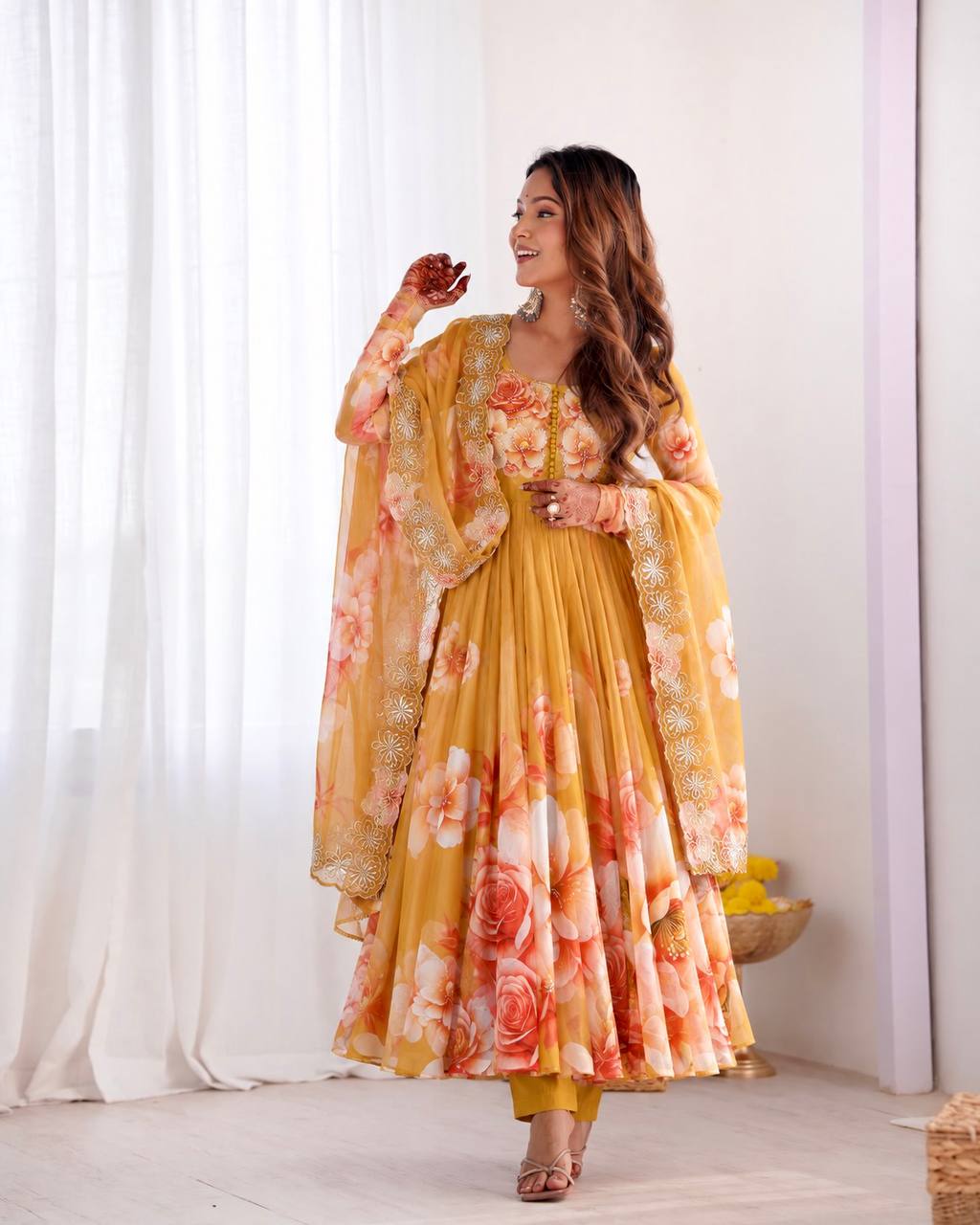 Nivara Soft Organza Digital Print Gown with Hand-Stitched Beads, Butter Silk Bottom & Embroidered Dupatta