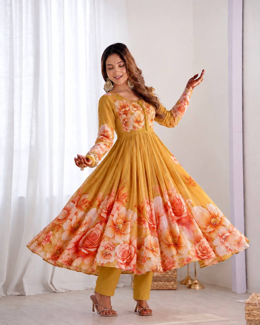 Nivara Soft Organza Digital Print Gown with Hand-Stitched Beads, Butter Silk Bottom & Embroidered Dupatta