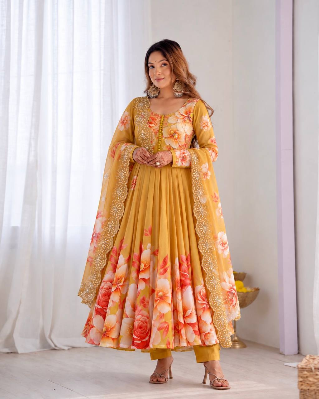 Nivara Soft Organza Digital Print Gown with Hand-Stitched Beads, Butter Silk Bottom & Embroidered Dupatta