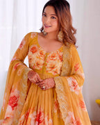 Nivara Soft Organza Digital Print Gown with Hand-Stitched Beads, Butter Silk Bottom & Embroidered Dupatta