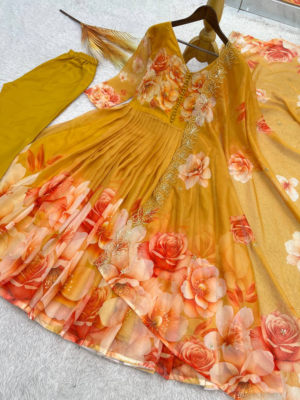 Nivara Soft Organza Digital Print Gown with Hand-Stitched Beads, Butter Silk Bottom & Embroidered Dupatta
