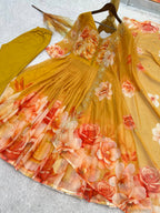 Nivara Soft Organza Digital Print Gown with Hand-Stitched Beads, Butter Silk Bottom & Embroidered Dupatta