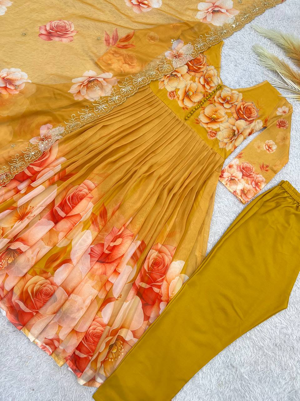 Nivara Soft Organza Digital Print Gown with Hand-Stitched Beads, Butter Silk Bottom & Embroidered Dupatta