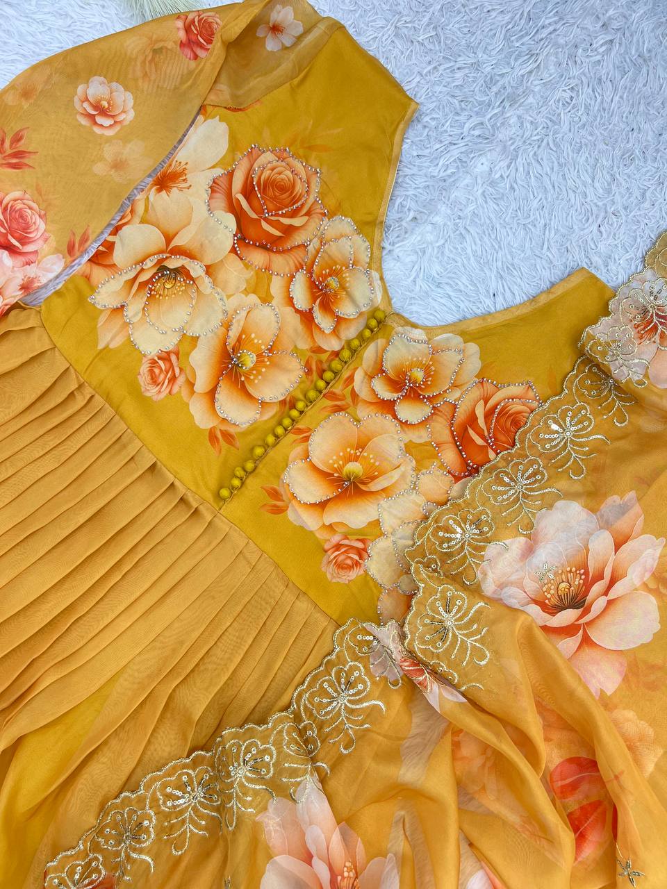 Nivara Soft Organza Digital Print Gown with Hand-Stitched Beads, Butter Silk Bottom & Embroidered Dupatta