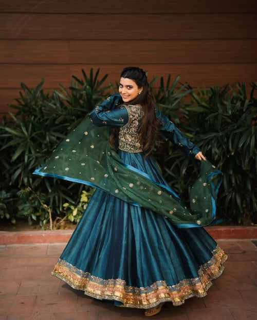 Aaritza Vichitra Silk 5mm Sequins & Zari Embroidered Gown with Koti & Organza Dupatta