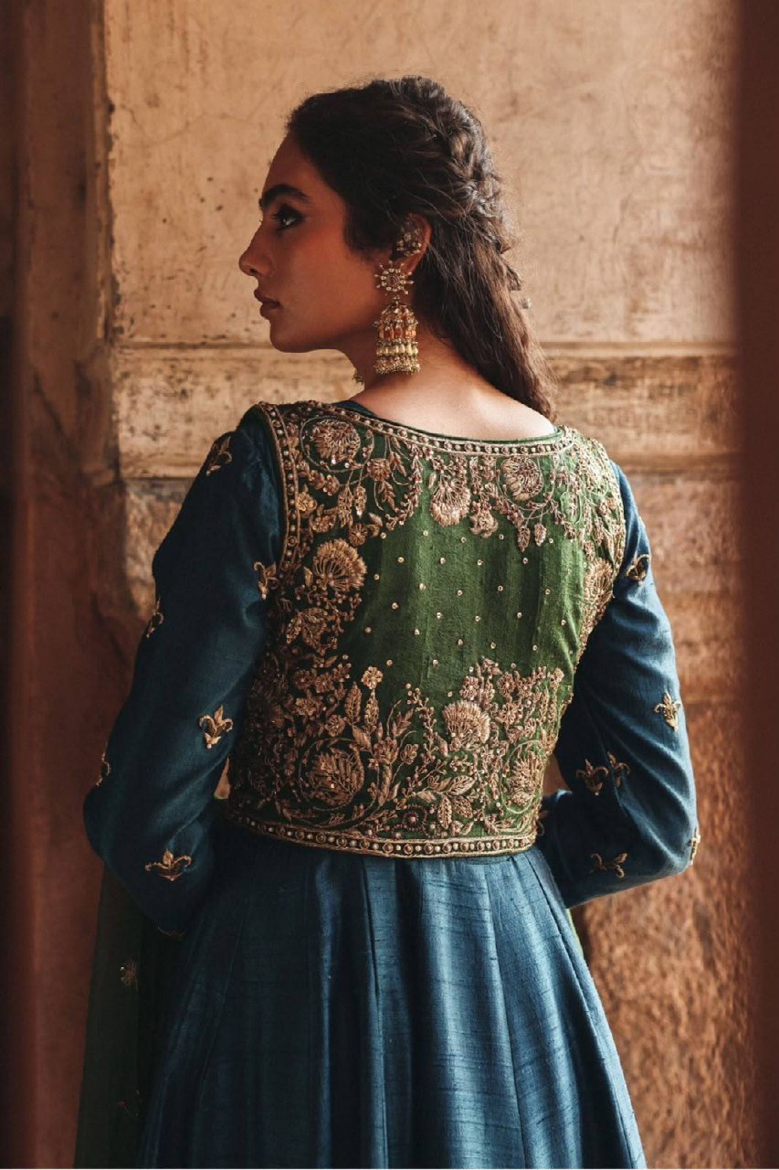 Aaritza Vichitra Silk 5mm Sequins & Zari Embroidered Gown with Koti & Organza Dupatta