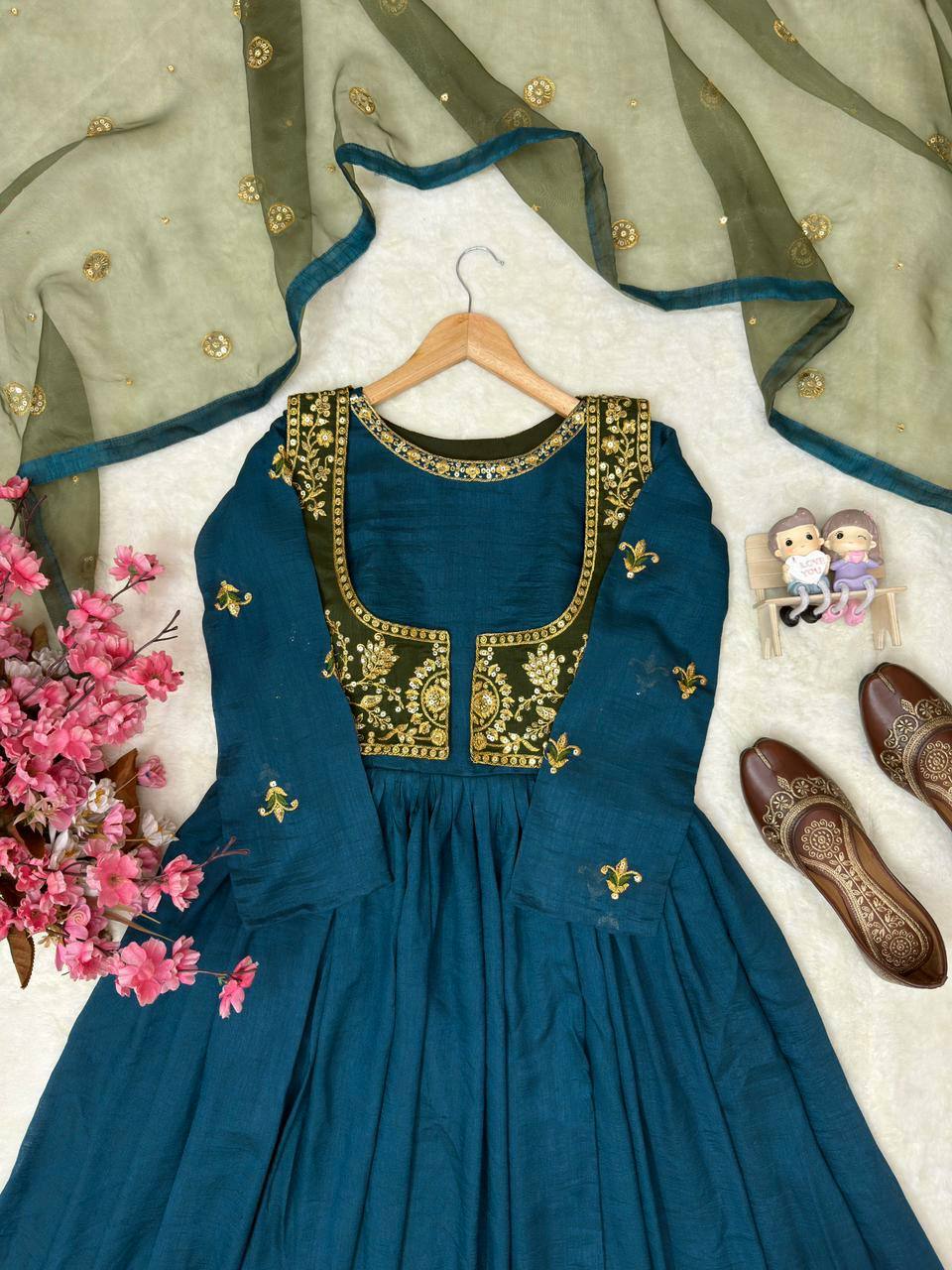 Aaritza Vichitra Silk 5mm Sequins & Zari Embroidered Gown with Koti & Organza Dupatta
