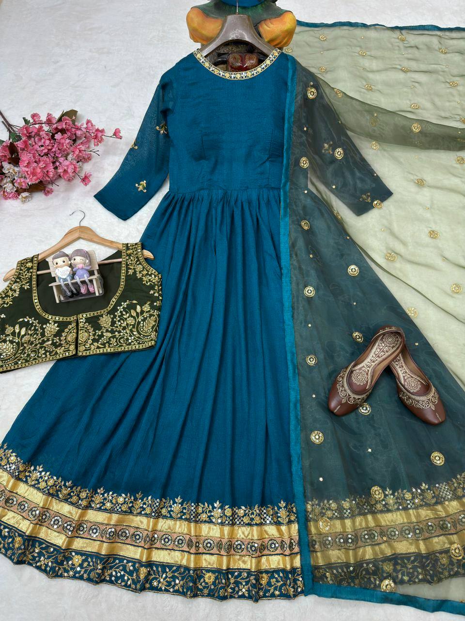 Aaritza Vichitra Silk 5mm Sequins & Zari Embroidered Gown with Koti & Organza Dupatta
