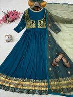 Aaritza Vichitra Silk 5mm Sequins & Zari Embroidered Gown with Koti & Organza Dupatta