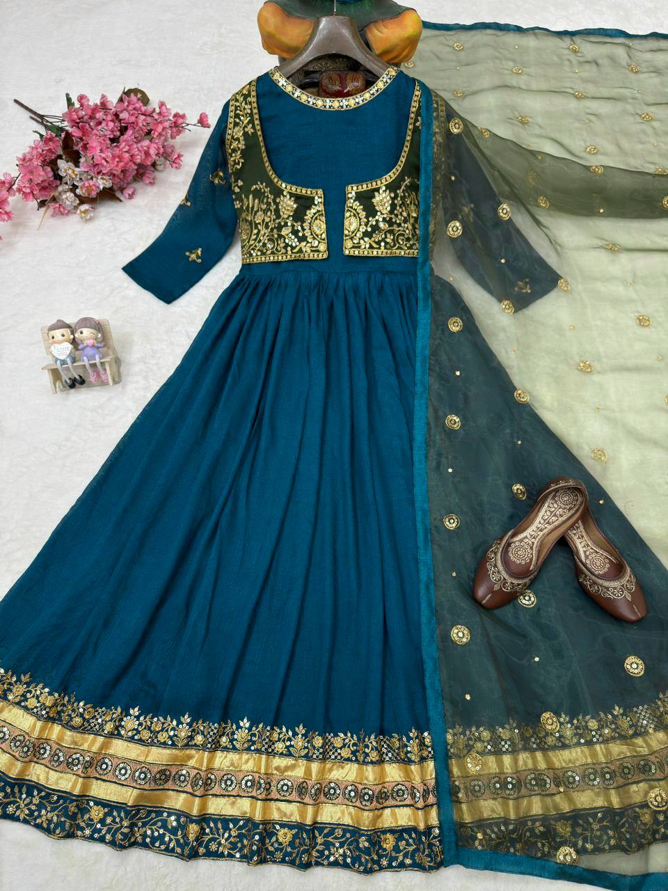 Aaritza Vichitra Silk 5mm Sequins & Zari Embroidered Gown with Koti & Organza Dupatta