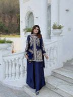 Raashika Rangoli Silk Sequins, Zari & Thread Embroidered Kurti with Palazzo & Dupatta Set