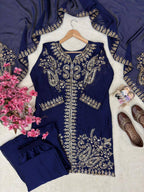 Raashika Rangoli Silk Sequins, Zari & Thread Embroidered Kurti with Palazzo & Dupatta Set
