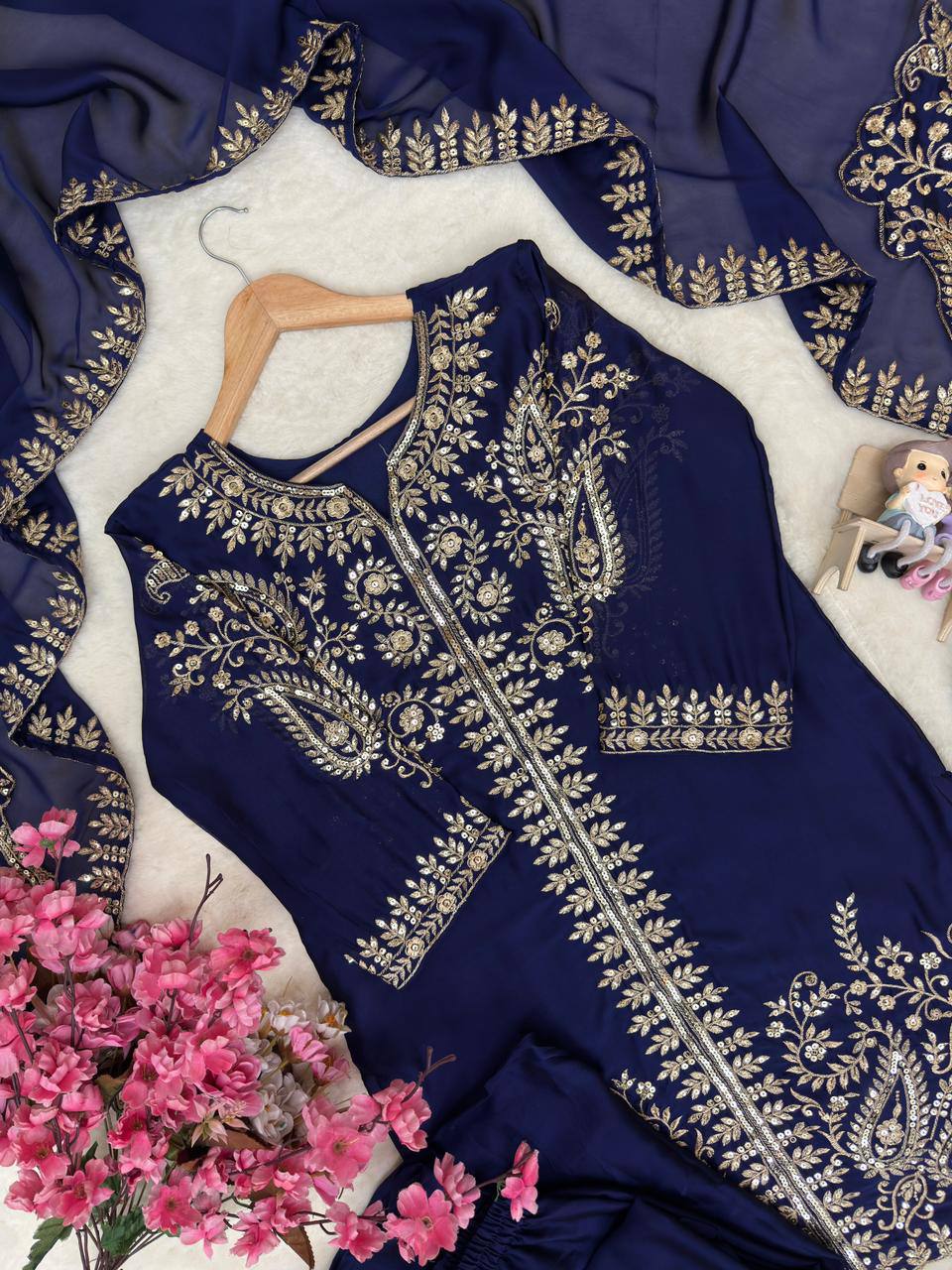 Raashika Rangoli Silk Sequins, Zari & Thread Embroidered Kurti with Palazzo & Dupatta Set