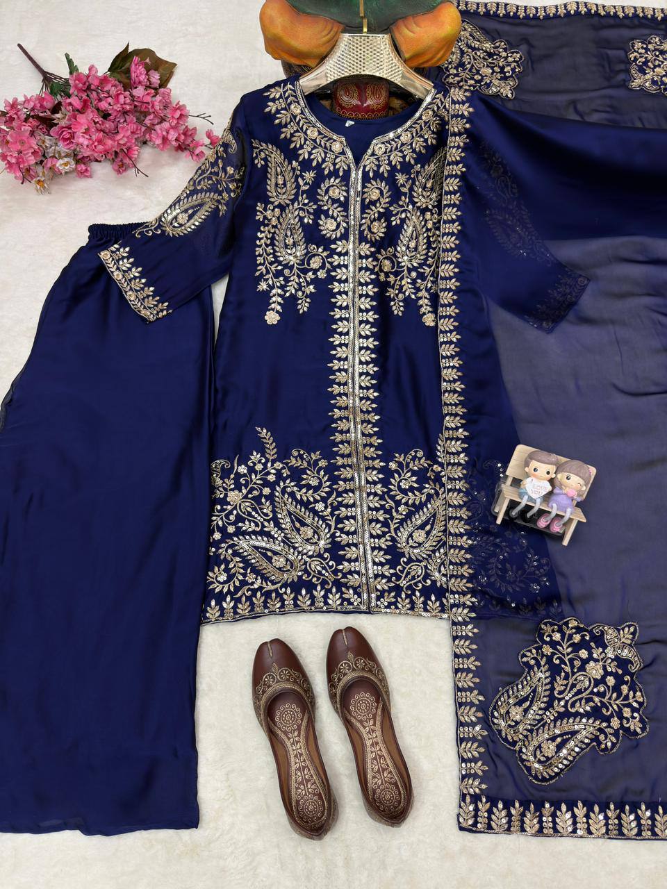 Raashika Rangoli Silk Sequins, Zari & Thread Embroidered Kurti with Palazzo & Dupatta Set