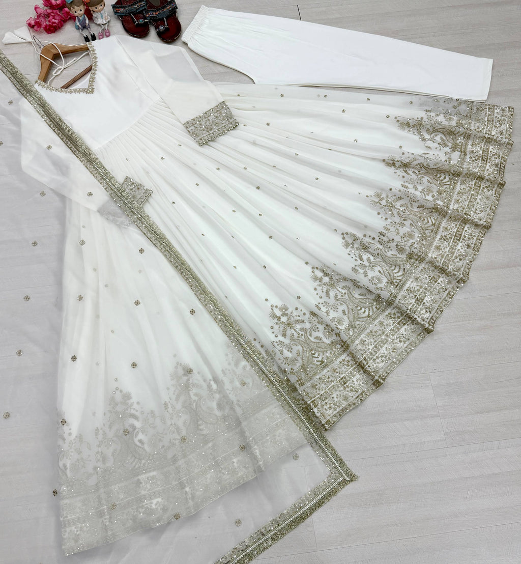 Zehra Pure Faux Georgette Heavy Embroidered 3mm Sequin Work Designer Party Wear Gown Set with Dupatta & Bottom