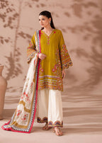 Mahira Heavy Roman Cotton Embroidered Top with Magic Cotton Palazzo & Chiffon Digital Print Dupatta Set