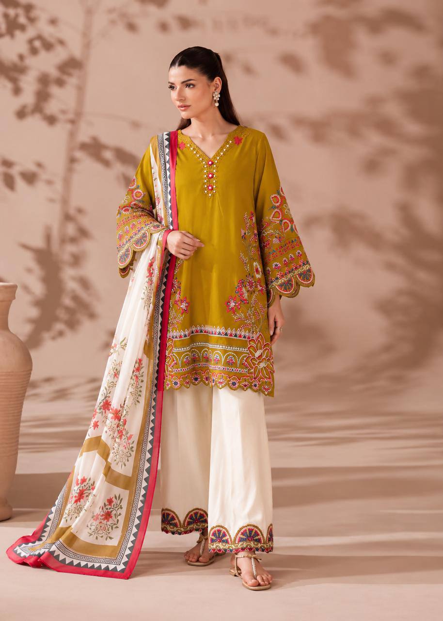 Mahira Heavy Roman Cotton Embroidered Top with Magic Cotton Palazzo & Chiffon Digital Print Dupatta Set