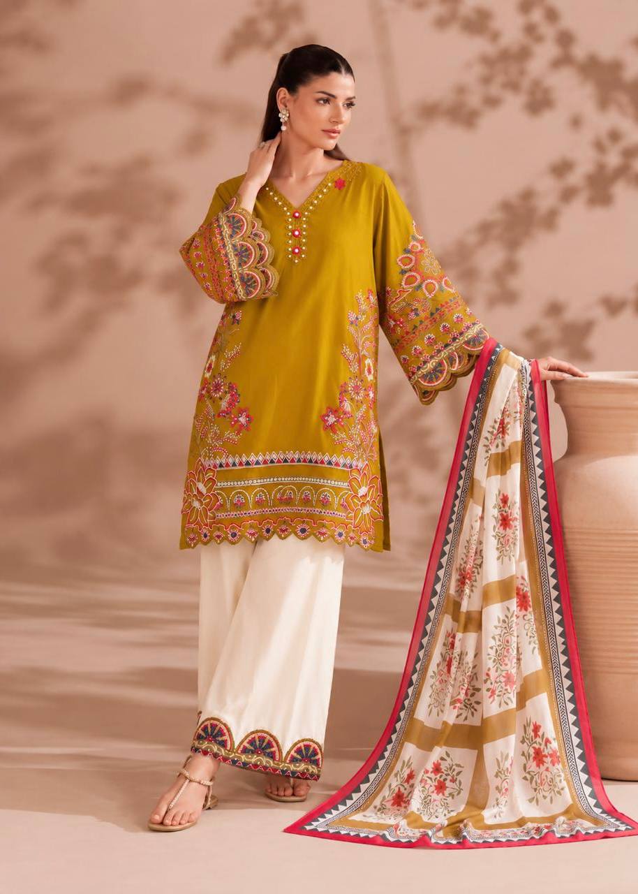 Mahira Heavy Roman Cotton Embroidered Top with Magic Cotton Palazzo & Chiffon Digital Print Dupatta Set