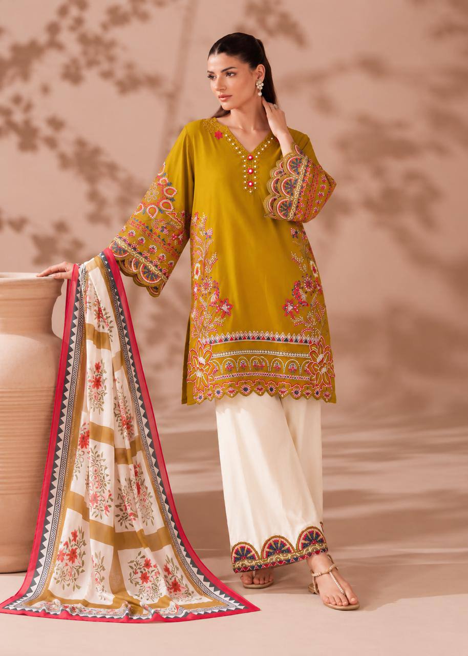 Mahira Heavy Roman Cotton Embroidered Top with Magic Cotton Palazzo & Chiffon Digital Print Dupatta Set