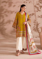 Mahira Heavy Roman Cotton Embroidered Top with Magic Cotton Palazzo & Chiffon Digital Print Dupatta Set