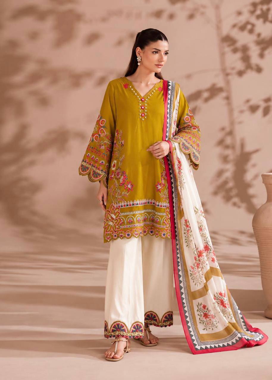 Mahira Heavy Roman Cotton Embroidered Top with Magic Cotton Palazzo & Chiffon Digital Print Dupatta Set