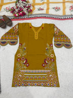 Mahira Heavy Roman Cotton Embroidered Top with Magic Cotton Palazzo & Chiffon Digital Print Dupatta Set
