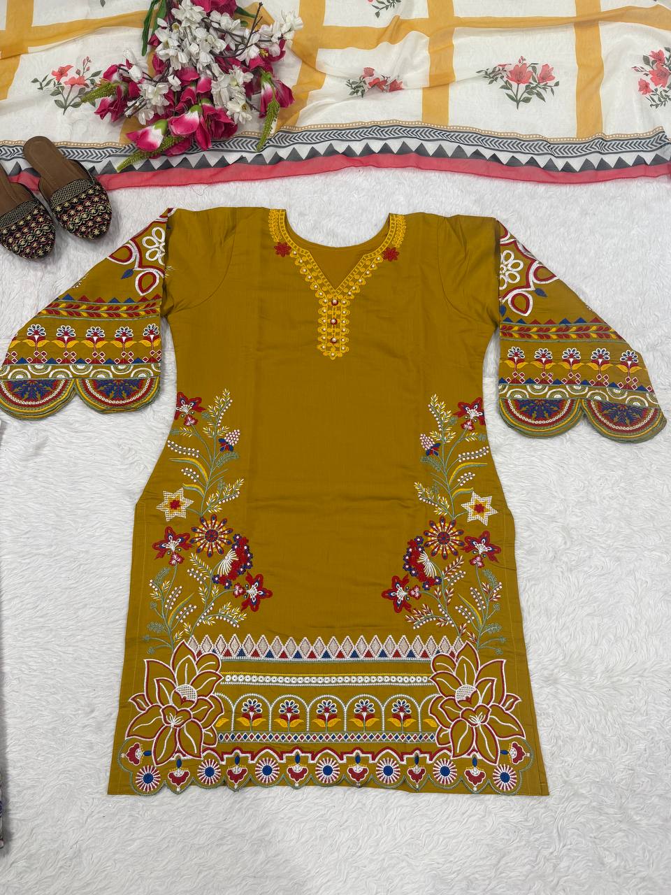 Mahira Heavy Roman Cotton Embroidered Top with Magic Cotton Palazzo & Chiffon Digital Print Dupatta Set