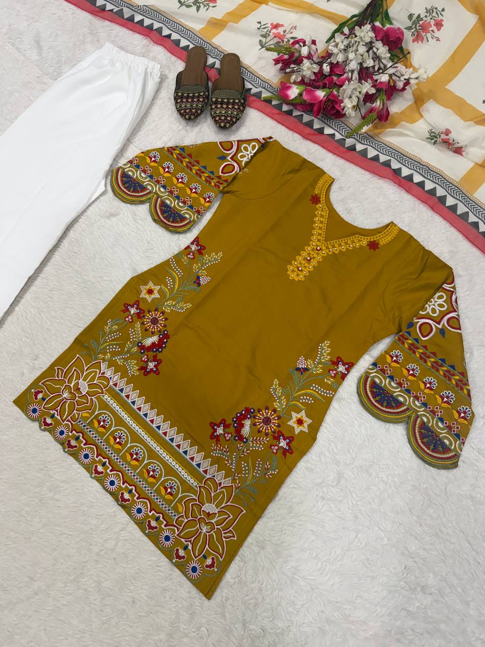 Mahira Heavy Roman Cotton Embroidered Top with Magic Cotton Palazzo & Chiffon Digital Print Dupatta Set