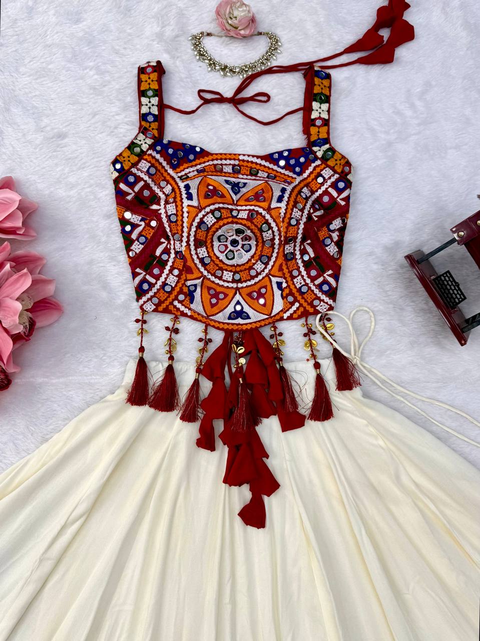 Inaya Heavy Rayon Designer Lehenga Choli with Fancy Lagdi Patta Lace, Real Mirror Work & 5 Meter Flair