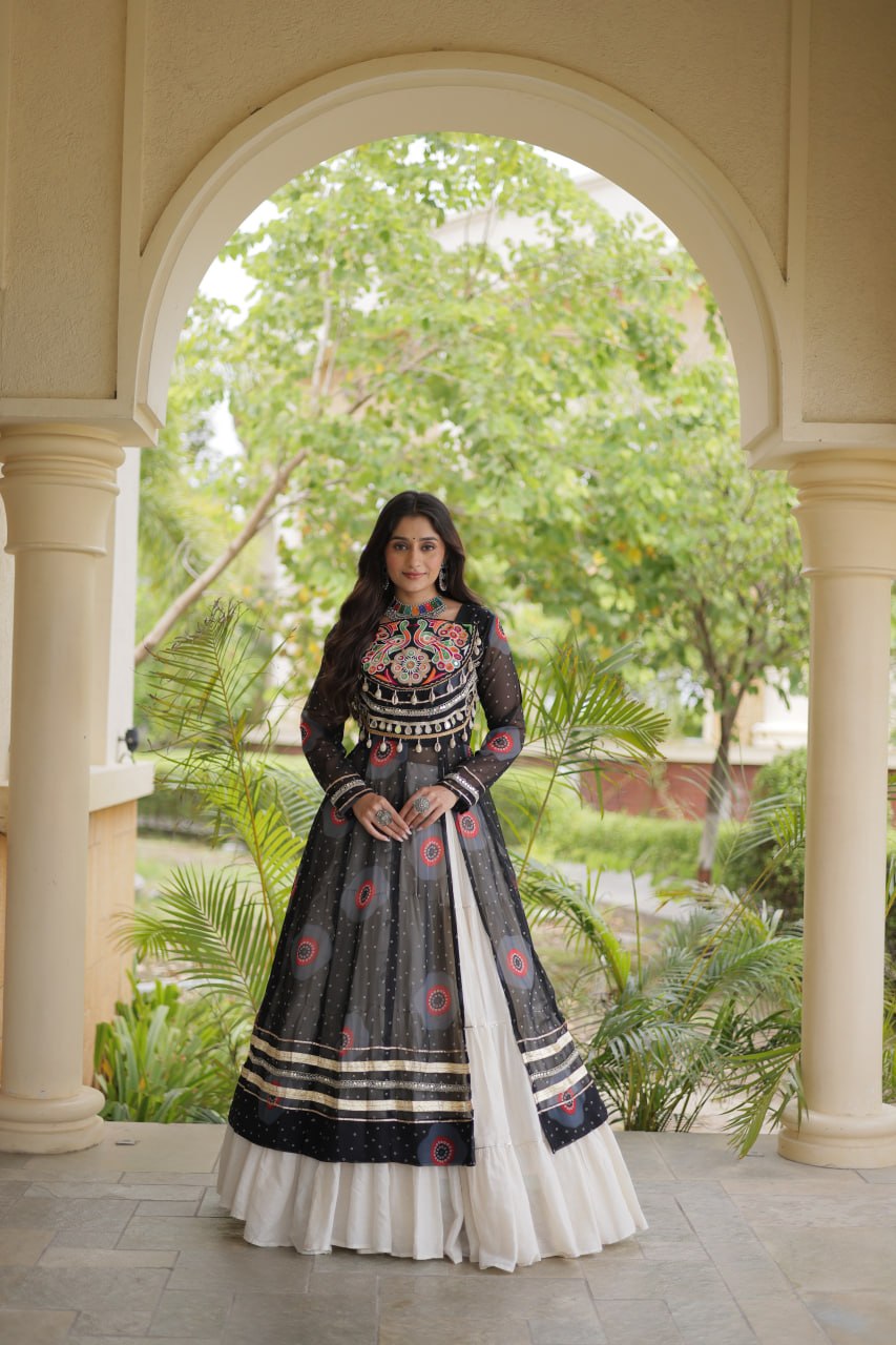 Meher Navratri 2026 Kora Cotton Lehenga with Bandhani Kutchi Patchwork Kurti & 12 Meter Flair