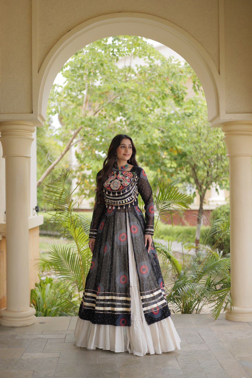 Meher Navratri 2026 Kora Cotton Lehenga with Bandhani Kutchi Patchwork Kurti & 12 Meter Flair