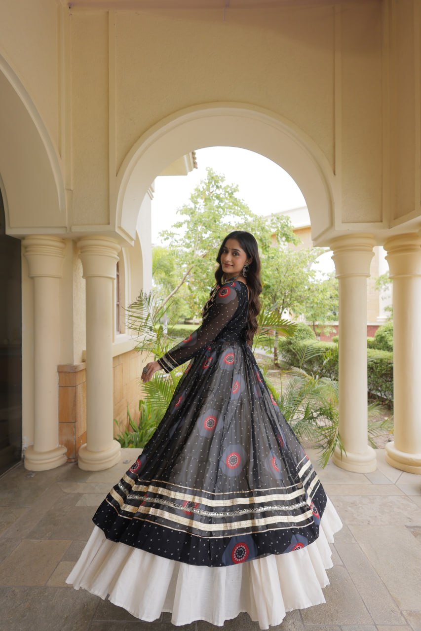 Meher Navratri 2026 Kora Cotton Lehenga with Bandhani Kutchi Patchwork Kurti & 12 Meter Flair
