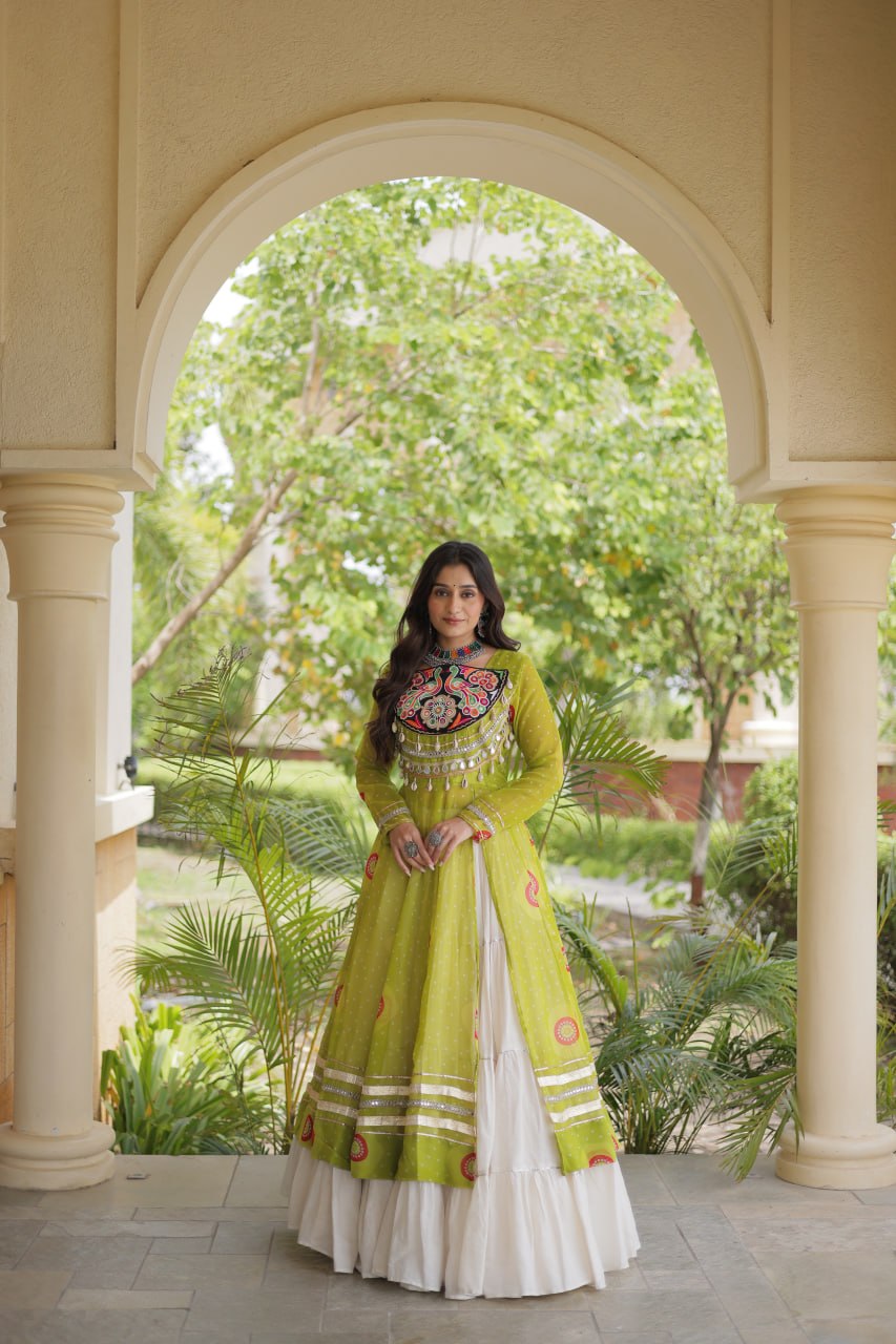 Meher Navratri 2026 Kora Cotton Lehenga with Bandhani Kutchi Patchwork Kurti & 12 Meter Flair