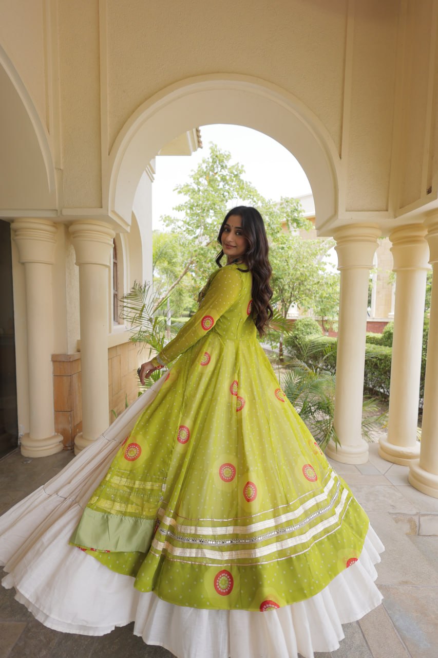 Meher Navratri 2026 Kora Cotton Lehenga with Bandhani Kutchi Patchwork Kurti & 12 Meter Flair