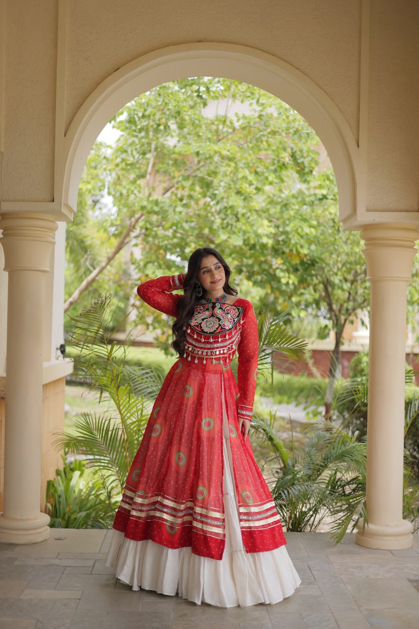 Meher Navratri 2026 Kora Cotton Lehenga with Bandhani Kutchi Patchwork Kurti & 12 Meter Flair