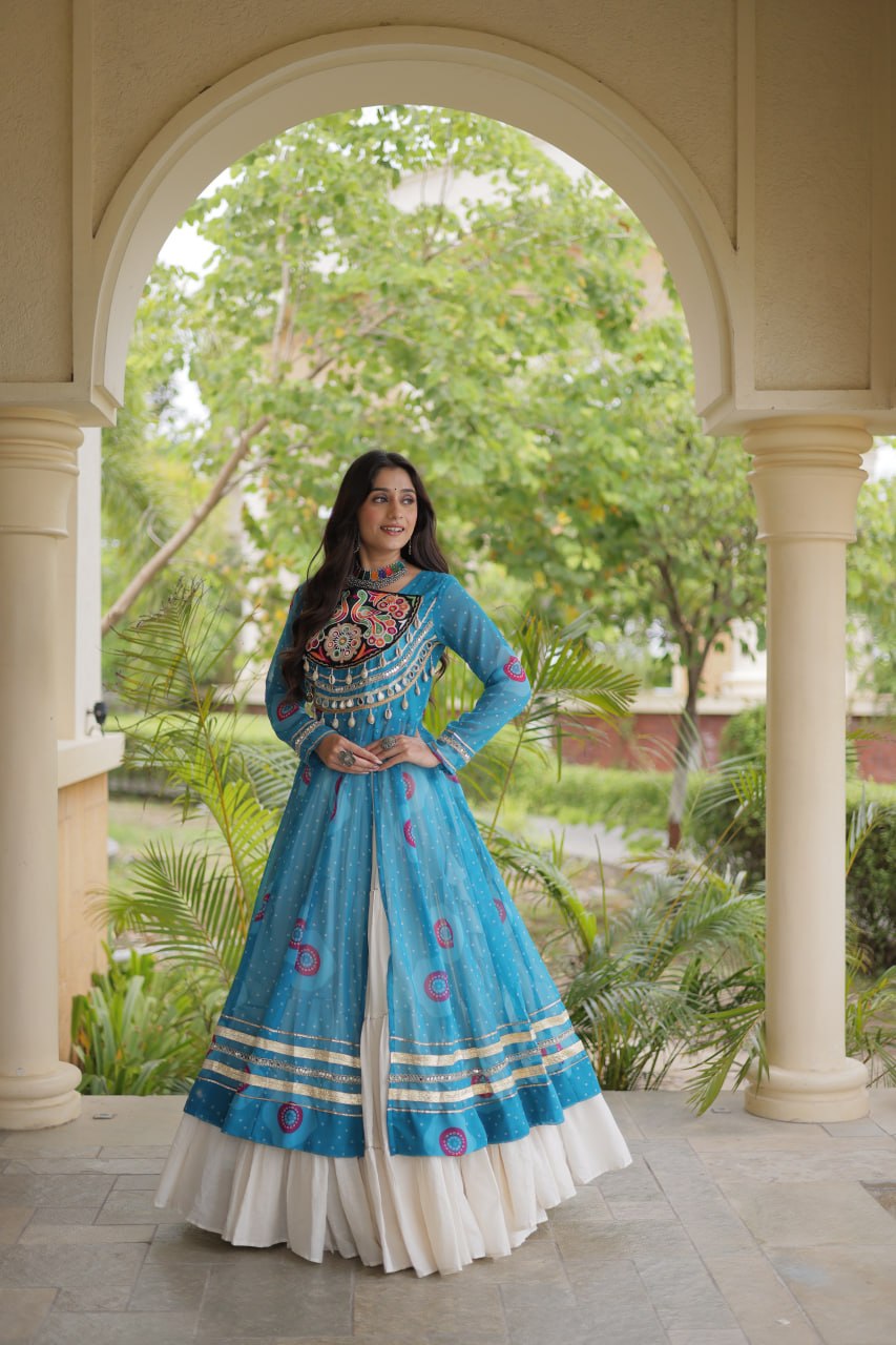 Meher Navratri 2026 Kora Cotton Lehenga with Bandhani Kutchi Patchwork Kurti & 12 Meter Flair