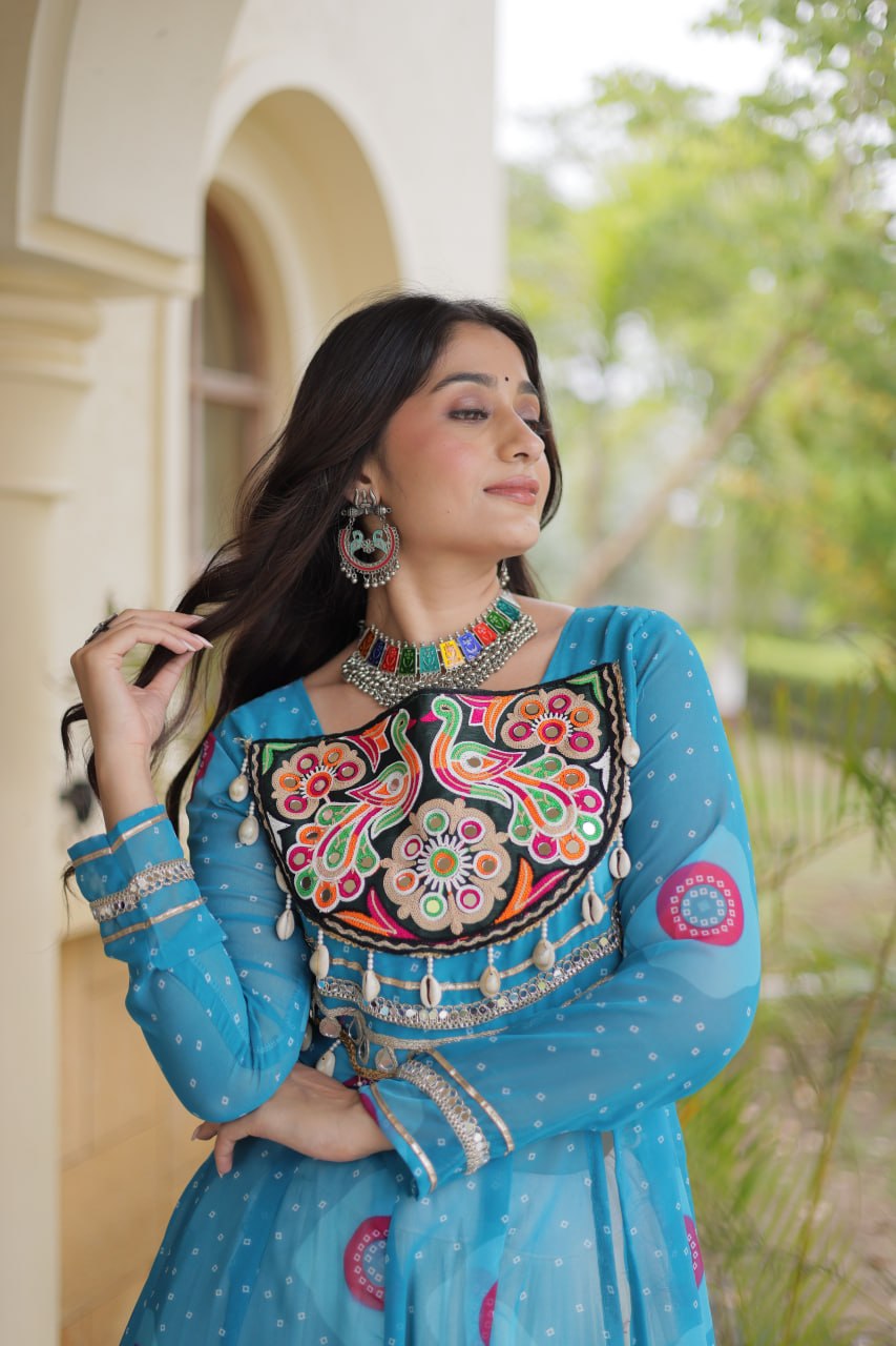 Meher Navratri 2026 Kora Cotton Lehenga with Bandhani Kutchi Patchwork Kurti & 12 Meter Flair