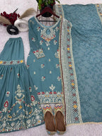 Meher Blue Straight Kurta Set with Sharara & Elegant Dupatta