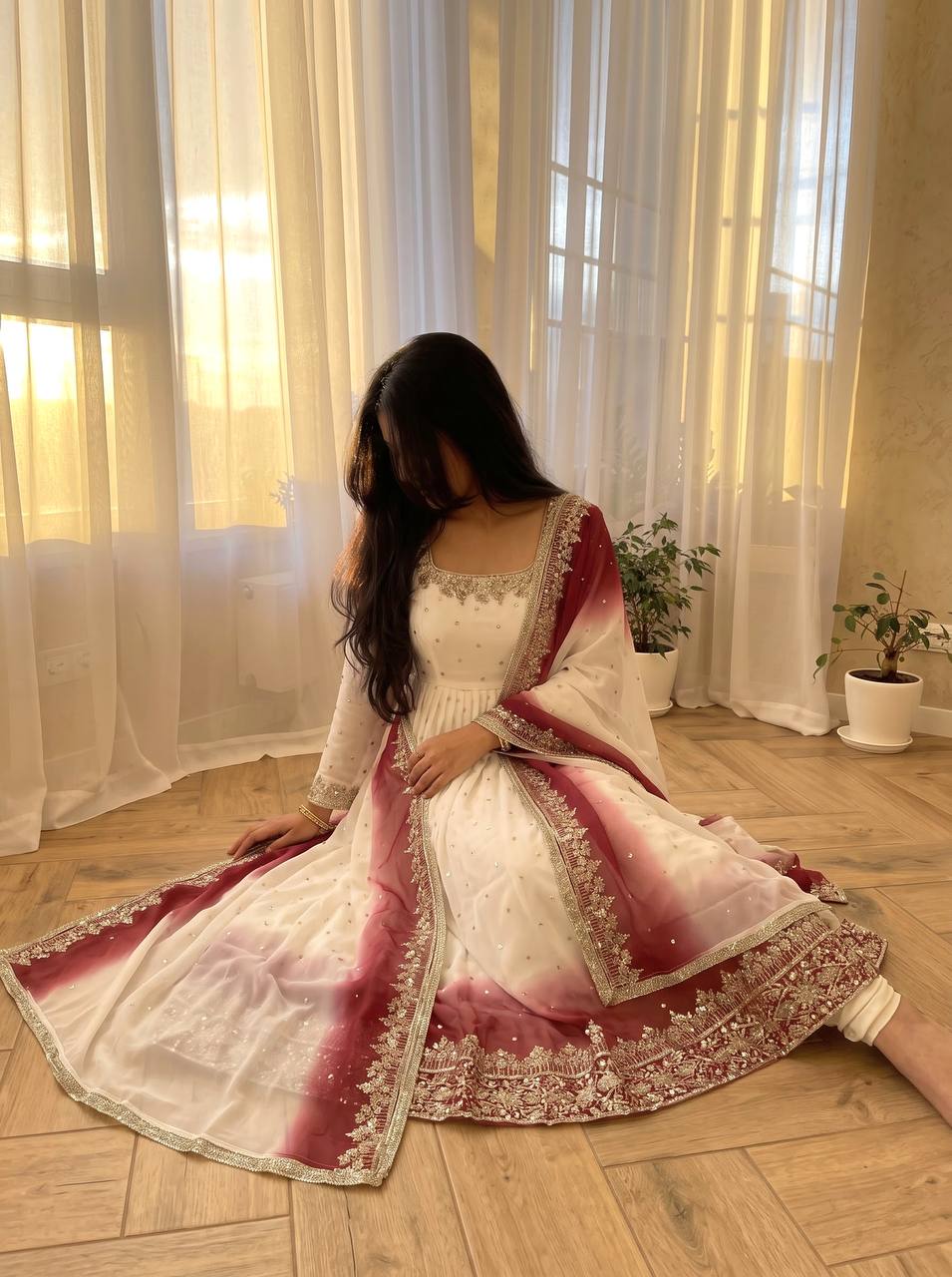 Zariya Dual Tone Georgette Embroidered Anarkali Gown Set