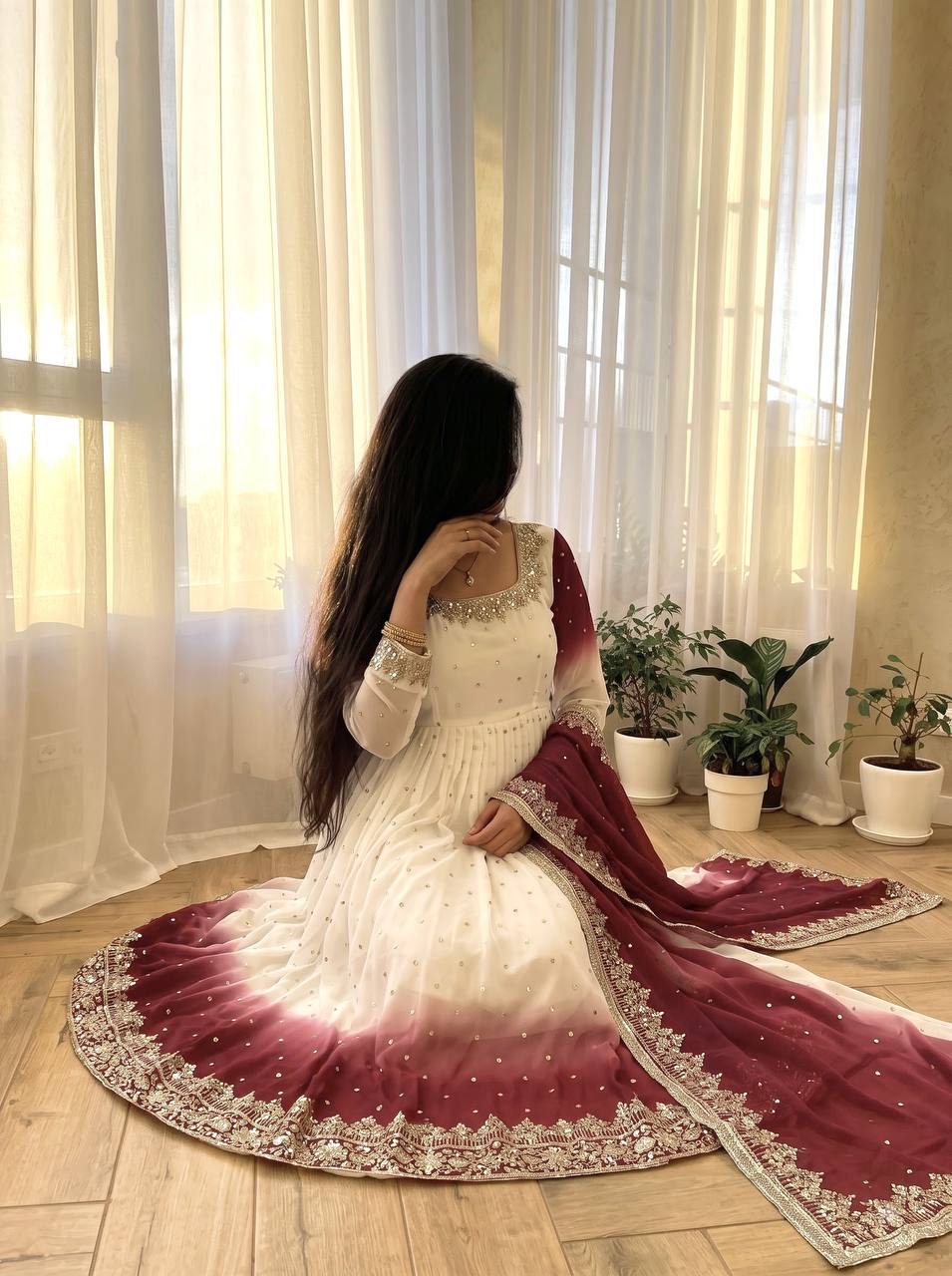 Zariya Dual Tone Georgette Embroidered Anarkali Gown Set