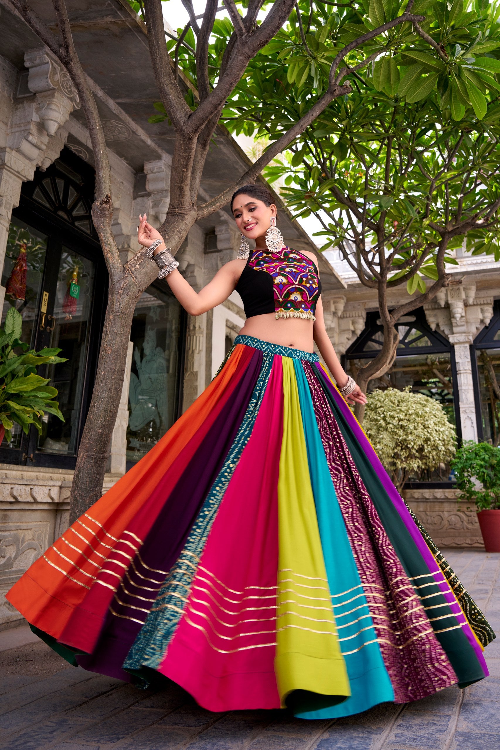 Navrang Pure Rayon Printed Navratri Lehenga with Mirror Work Blouse