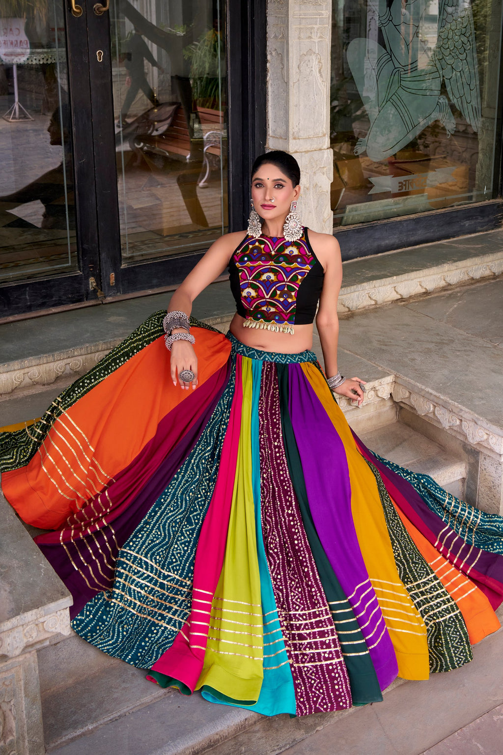 Navrang Pure Rayon Printed Navratri Lehenga with Mirror Work Blouse