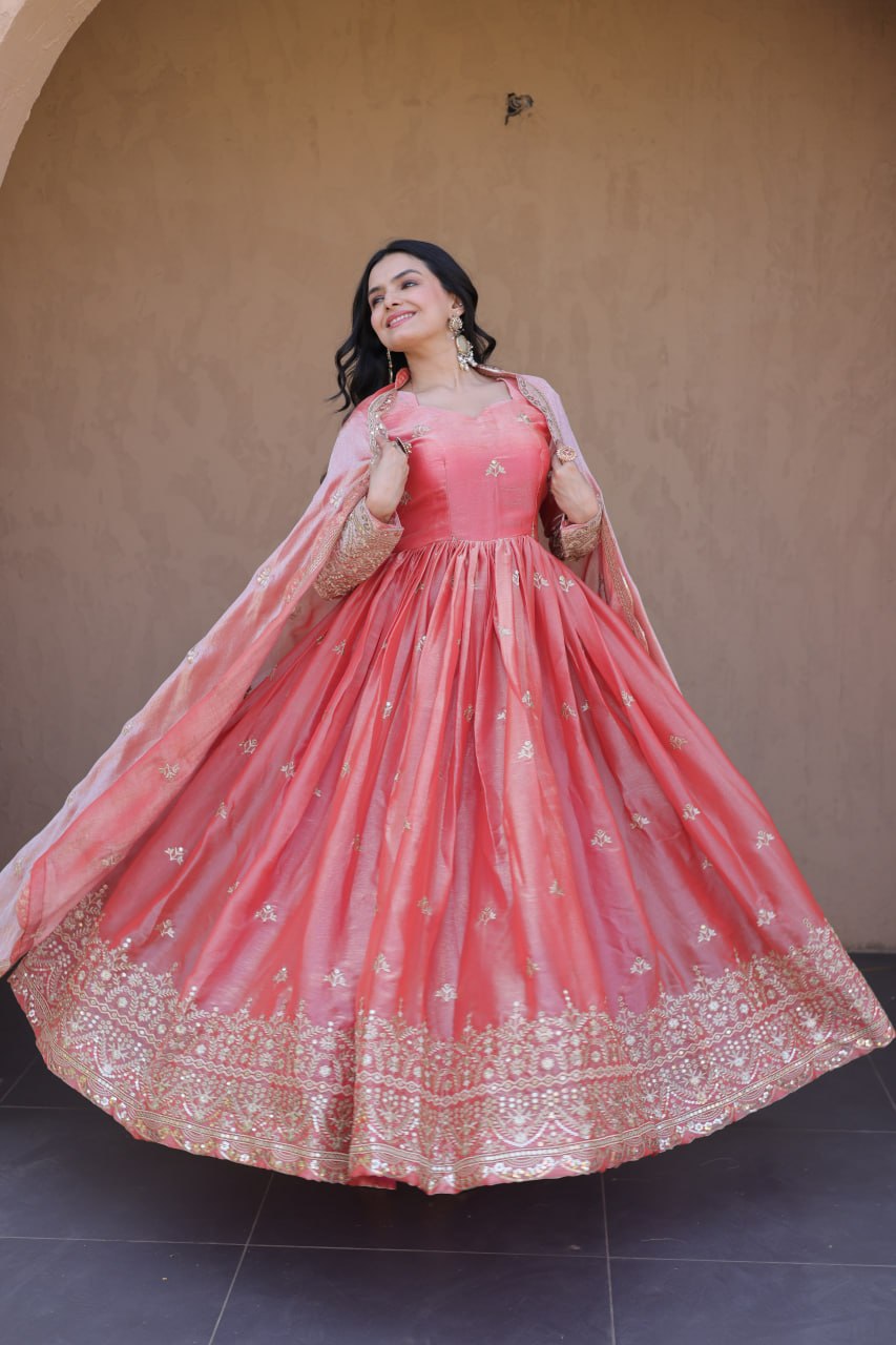 Kashmira Fendi Silk Zari & Sequins Embroidered Gown with Dupatta