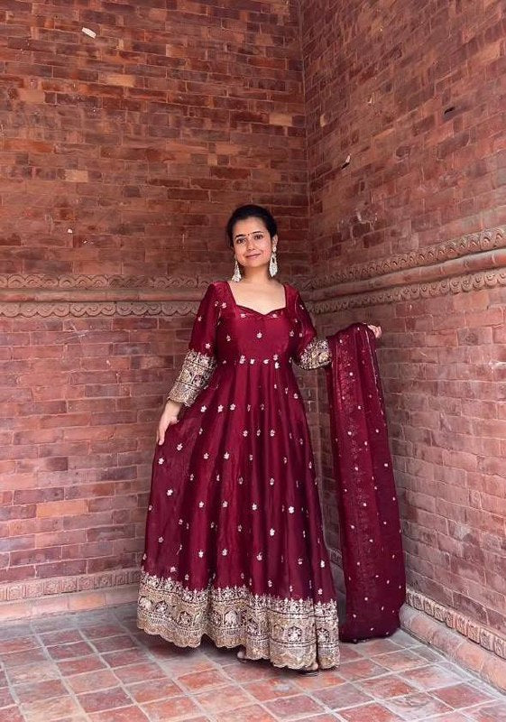 Festive Wear Long Anarkali Suit with Heavy Embroidery Dupatta