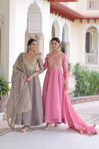 Luxury Pink Gold Crush Embroidered Gown with Cutwork Dupatta