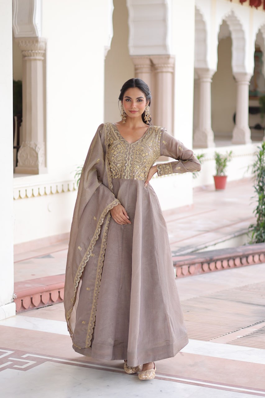 Luxury Pink Gold Crush Embroidered Gown with Cutwork Dupatta