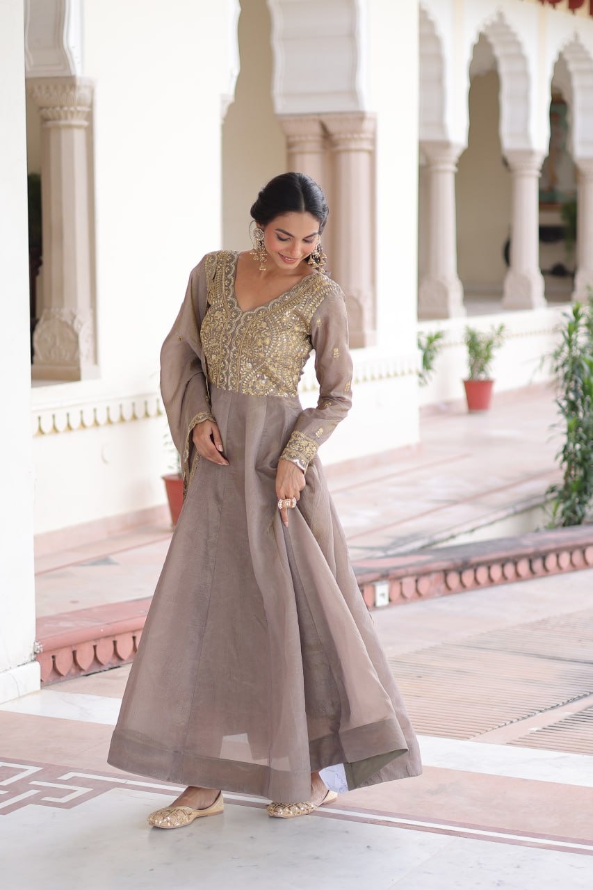 Luxury Pink Gold Crush Embroidered Gown with Cutwork Dupatta
