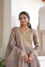 Luxury Pink Gold Crush Embroidered Gown with Cutwork Dupatta