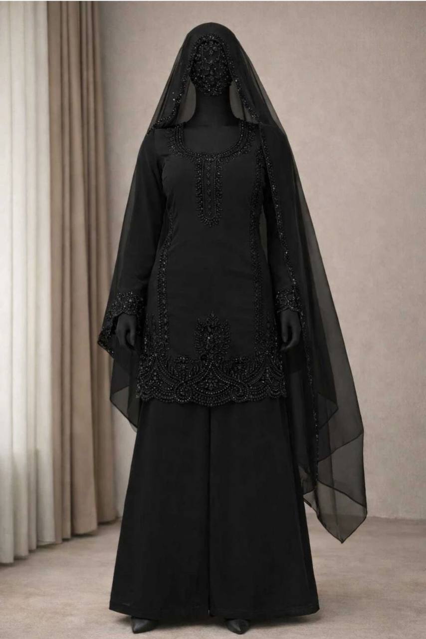 Ruhaniya Heavy Faux Georgette Beads Embroidered Kurti Palazzo with Dupatta Set