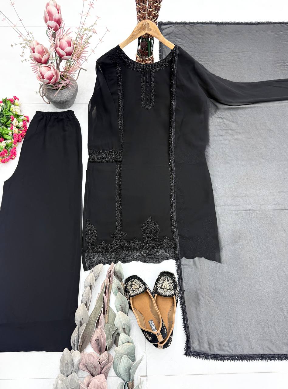 Ruhaniya Heavy Faux Georgette Beads Embroidered Kurti Palazzo with Dupatta Set